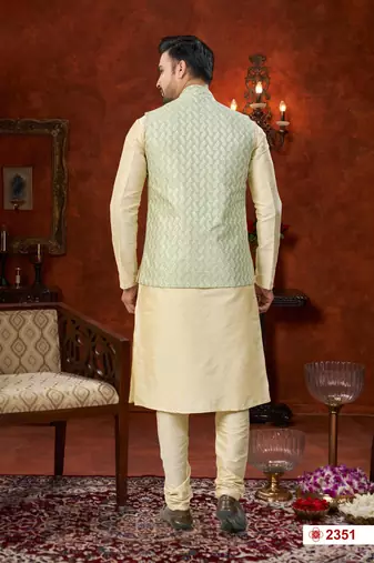 fawn dupion silk modi jacket kurta pajama with thread work