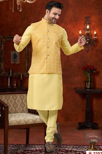 Yellow full computer amrodery modi jacket kurta pajama set with flower thred work & fancy botton