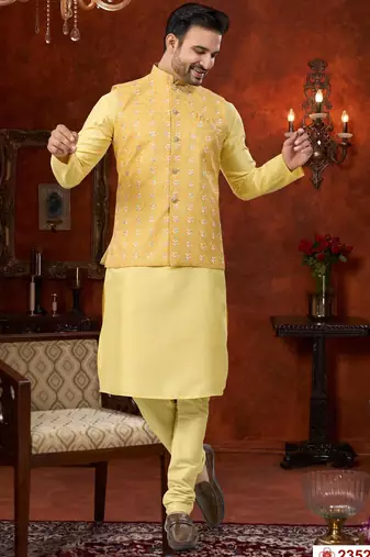 Yellow full computer amrodery modi jacket kurta pajama set with flower thred work & fancy botton