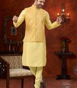 yellow dupion silk modi jacket kurta pajama with flower work