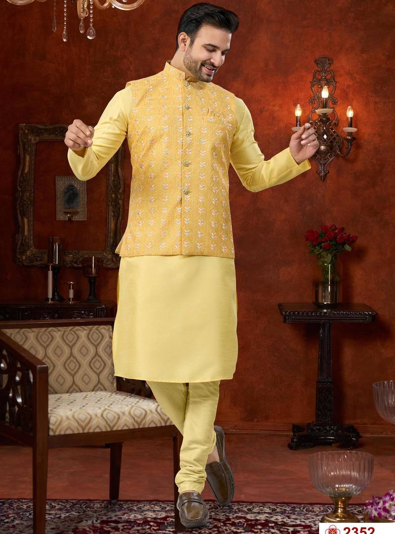 Yellow full computer amrodery modi jacket kurta pajama set with flower thred work & fancy botton
