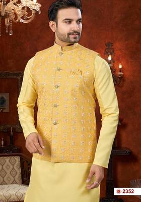 yellow dupion silk modi jacket kurta pajama with flower work 2