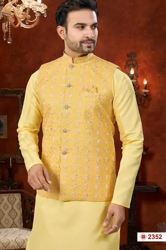 yellow dupion silk modi jacket kurta pajama with flower work