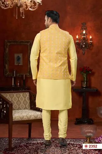 yellow dupion silk modi jacket kurta pajama with flower work