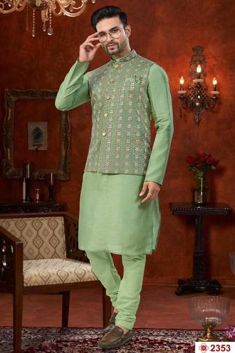 Green full computer amrodery modi jacket kurta pajama set with flower thred work & fancy botton