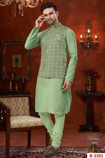 Green full computer amrodery modi jacket kurta pajama set with flower thred work & fancy botton