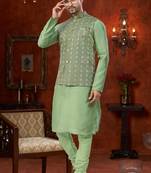 Green full computer amrodery modi jacket kurta pajama set with flower thred work & fancy botton