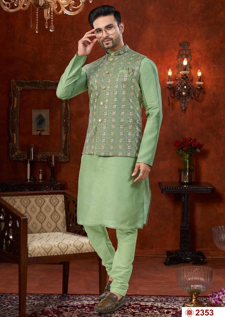 Green full computer amrodery modi jacket kurta pajama set with flower thred work & fancy botton