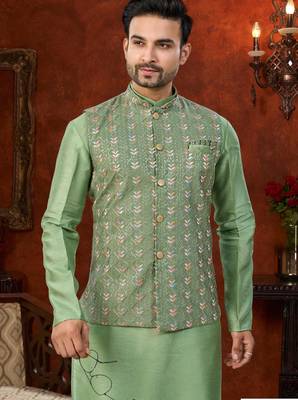 green dupion silk modi jacket kurta pajama with flower work 2