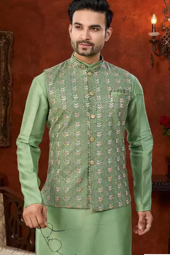green dupion silk modi jacket kurta pajama with flower work