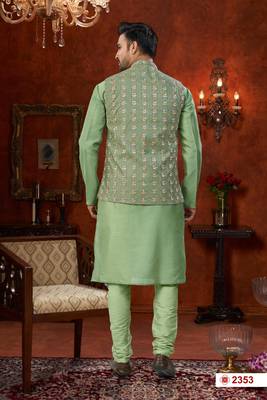green dupion silk modi jacket kurta pajama with flower work 3