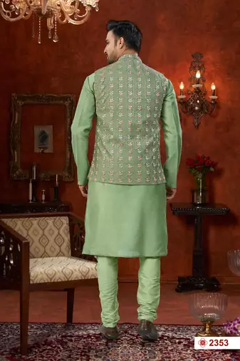 green dupion silk modi jacket kurta pajama with flower work