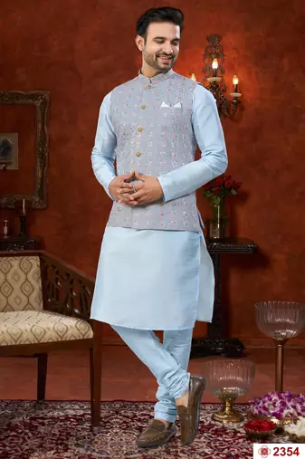 Sky blue full computer amrodery modi jacket kurta pajama set with flower thred work & fancy botton