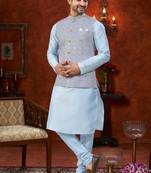 Sky blue full computer amrodery modi jacket kurta pajama set with flower thred work & fancy botton