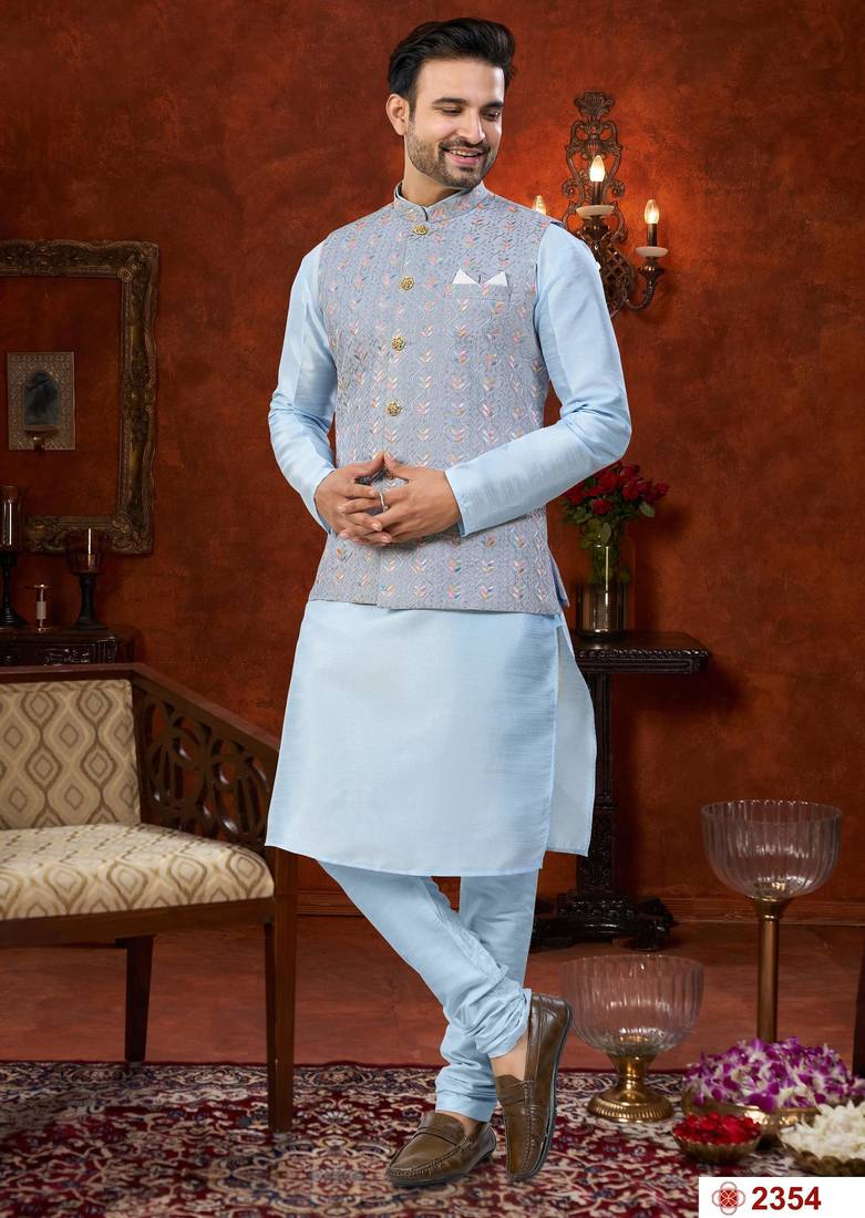 Sky blue full computer amrodery modi jacket kurta pajama set with flower thred work & fancy botton