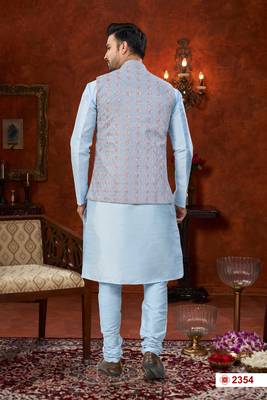 sky blue dupion silk modi jacket kurta pajama with flower work 2