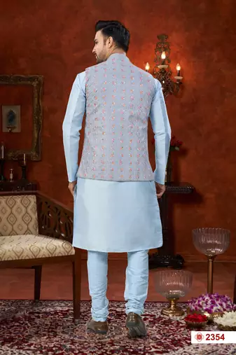 sky blue dupion silk modi jacket kurta pajama with flower work