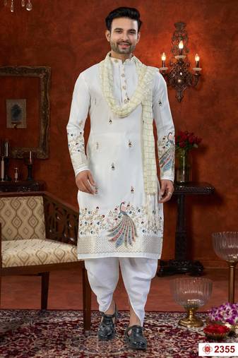 Off white soft silk with flower booti & daman amrodery work with thred and less work dhoti kurta set