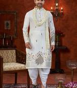 Off white soft silk with flower booti & daman amrodery work with thred and less work dhoti kurta set