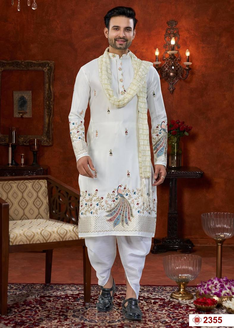 Off white soft silk with flower booti & daman amrodery work with thred and less work dhoti kurta set