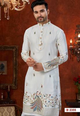 off white silk dhoti kurta with flower booti & daman work 2