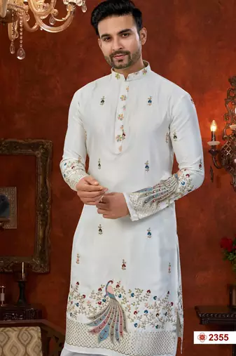 off white silk dhoti kurta with flower booti & daman work