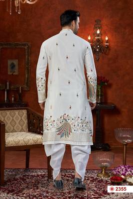 off white silk dhoti kurta with flower booti & daman work 3