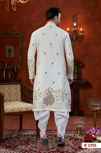 off white silk dhoti kurta with flower booti & daman work
