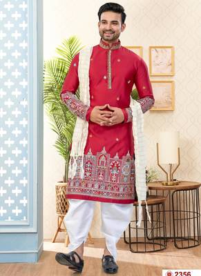 maroon silk dhoti kurta with flower booti & daman work 1
