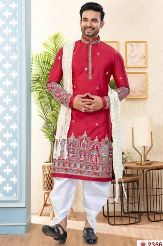 Maroon soft silk with flower booti & daman amrodery work with thred and less work dhoti kurta set