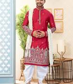 Maroon soft silk with flower booti & daman amrodery work with thred and less work dhoti kurta set