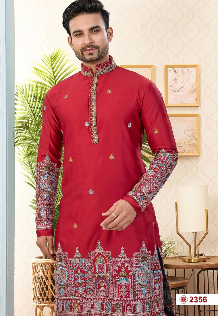 Maroon soft silk with flower booti & daman amrodery work with thred and less work dhoti kurta set