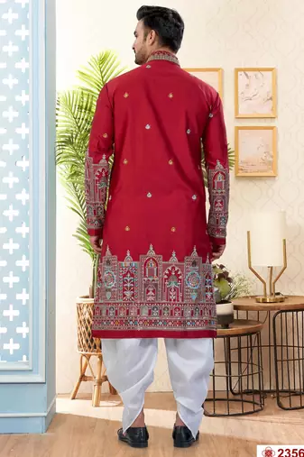 maroon silk dhoti kurta with flower booti & daman work