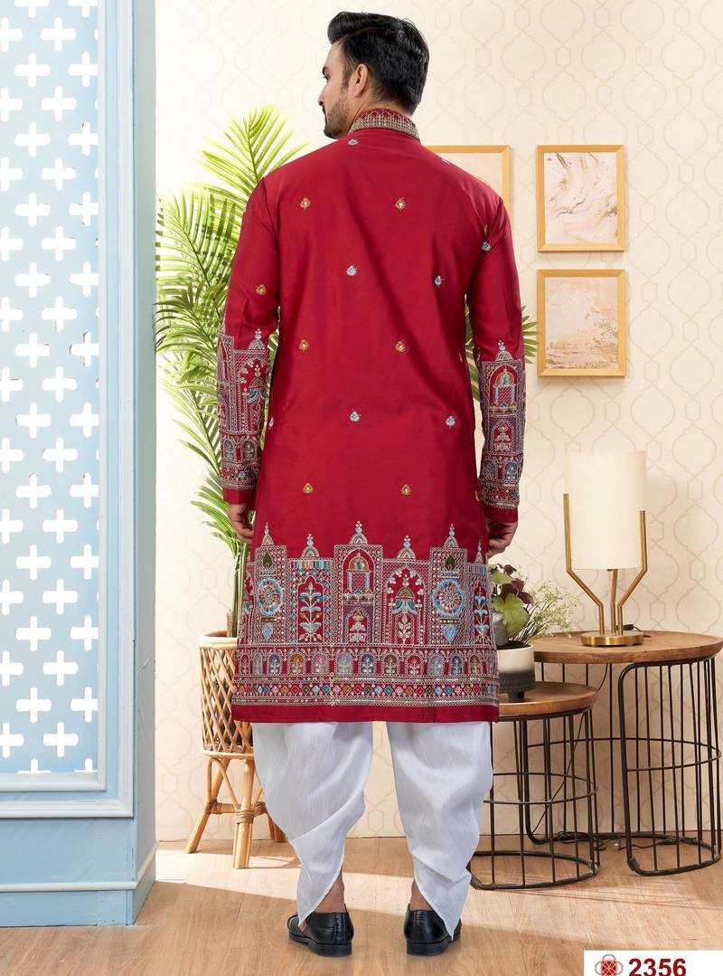 Maroon soft silk with flower booti & daman amrodery work with thred and less work dhoti kurta set