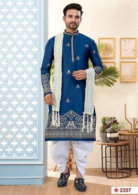 blue silk dhoti kurta with flower booti & daman work 1