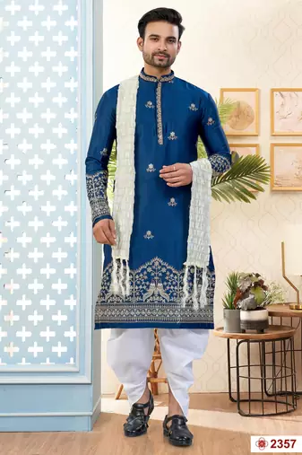 Blue   soft silk with flower booti & daman amrodery work with thred and less work dhoti kurta set