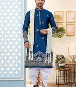 Blue   soft silk with flower booti & daman amrodery work with thred and less work dhoti kurta set