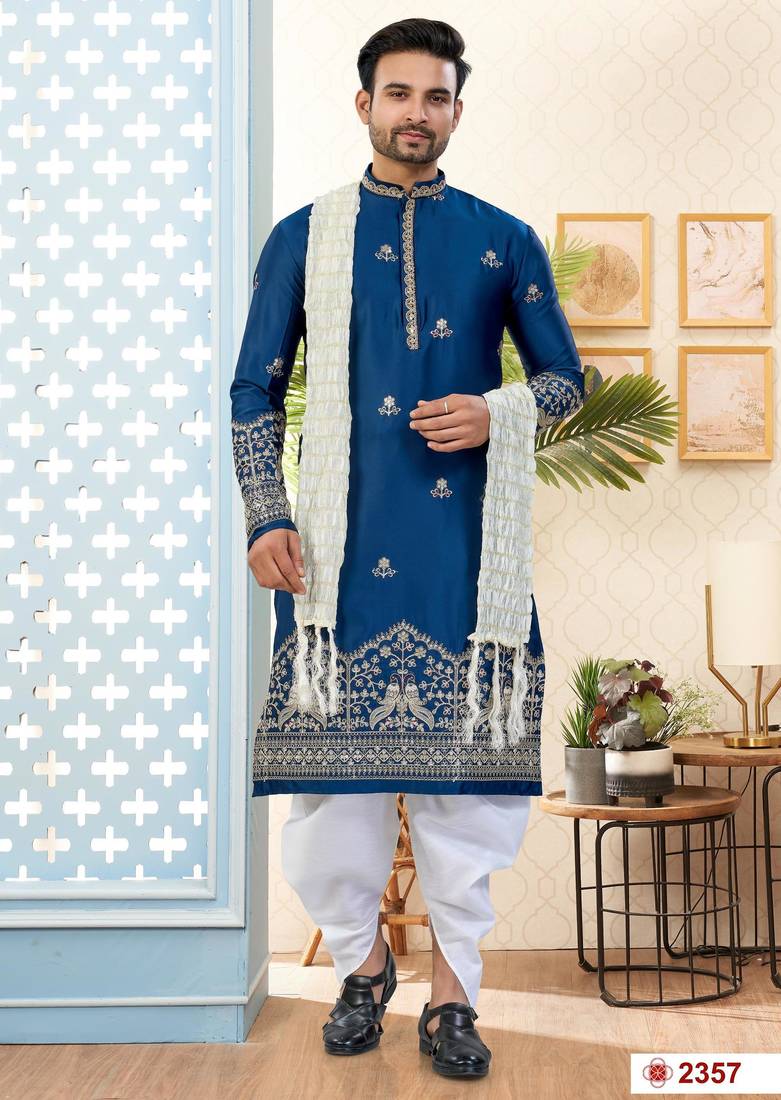 Blue   soft silk with flower booti & daman amrodery work with thred and less work dhoti kurta set