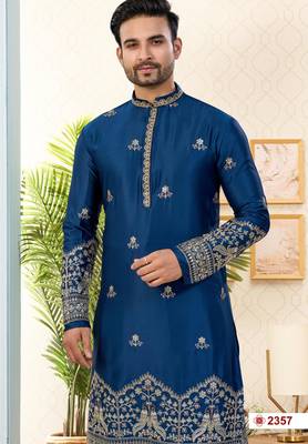 blue silk dhoti kurta with flower booti & daman work 2