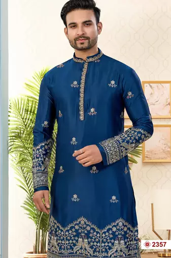 blue silk dhoti kurta with flower booti & daman work