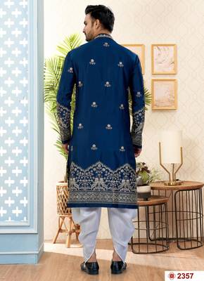 blue silk dhoti kurta with flower booti & daman work 3