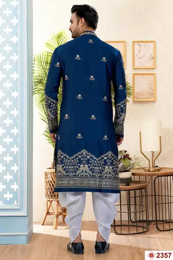 blue silk dhoti kurta with flower booti & daman work