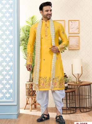 yellow silk dhoti kurta with thread & flower booti work 1