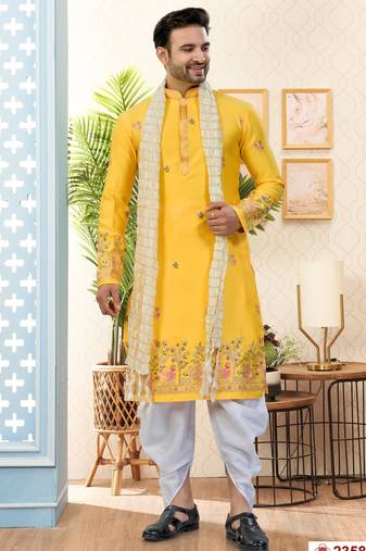 Yellow soft silk with flower booti & daman amrodery work with thred and less work dhoti kurta set