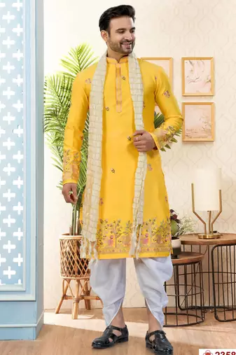 Yellow soft silk with flower booti & daman amrodery work with thred and less work dhoti kurta set