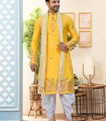 Yellow soft silk with flower booti & daman amrodery work with thred and less work dhoti kurta set
