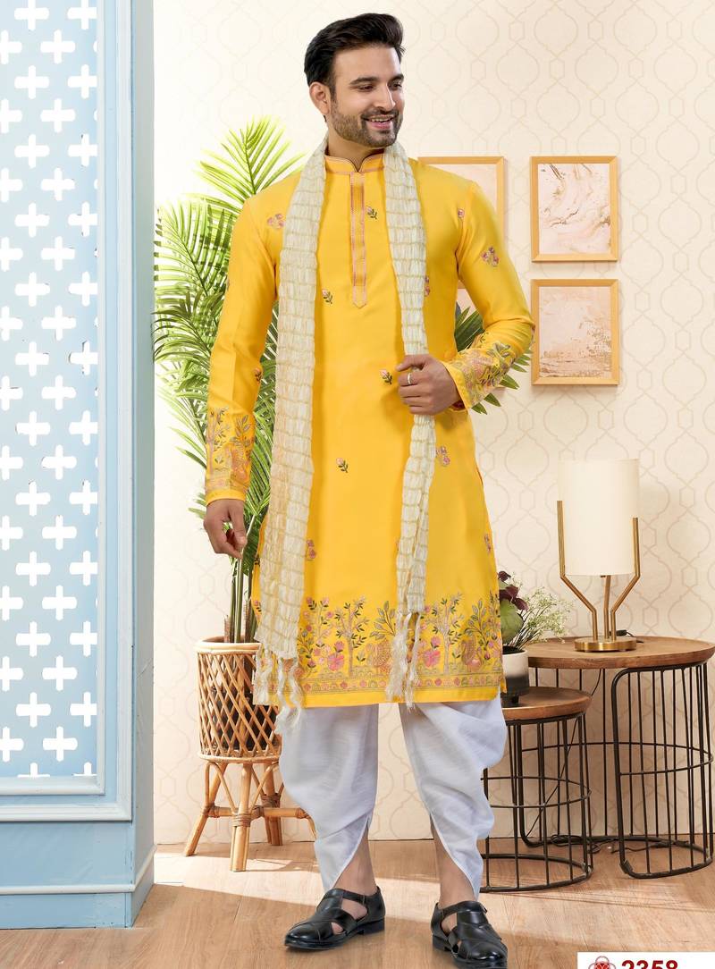 Yellow soft silk with flower booti & daman amrodery work with thred and less work dhoti kurta set