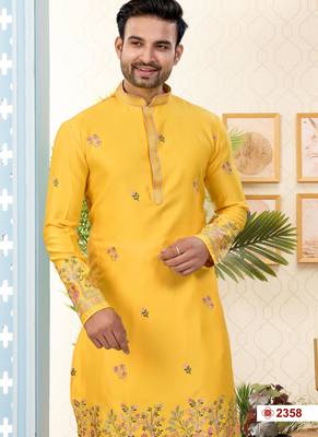 yellow silk dhoti kurta with thread & flower booti work 2