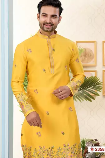 yellow silk dhoti kurta with thread & flower booti work