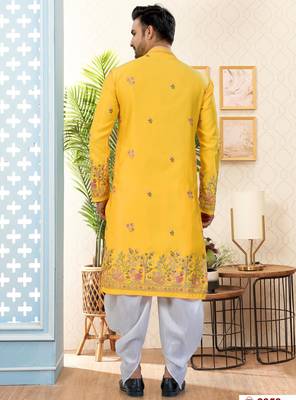 yellow silk dhoti kurta with thread & flower booti work 3